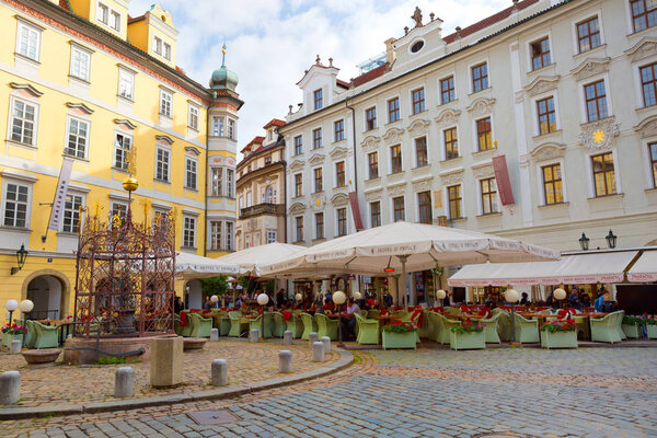 Prague, Czech Republic, 2017 10 26: restaurant and Hotel u Prince in the center of Prague's old town - tables on the street