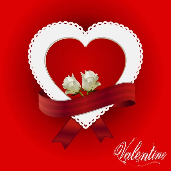 Cinta de tarjeta de corazón de San Valentín y rosas — Vector de stock