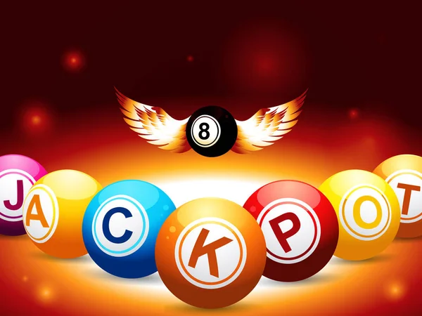 Jackpot e numero 8 palle con le ali su sfondo incandescente — Vettoriale Stock