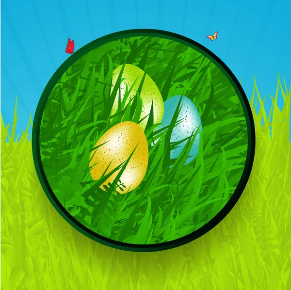 Velikonoční hranice s vejci trávy a motýl — Stockový vektor