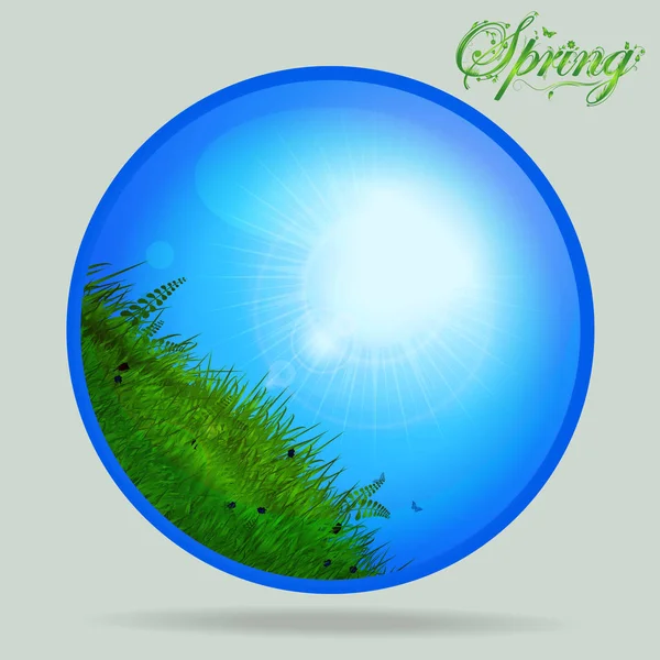 Modrá jarní skleněné koule s trávou a slunečnou oblohou — Stockový vektor