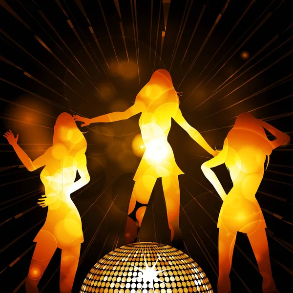 Silhouettes féminines rayonnantes et boule disco — Image vectorielle