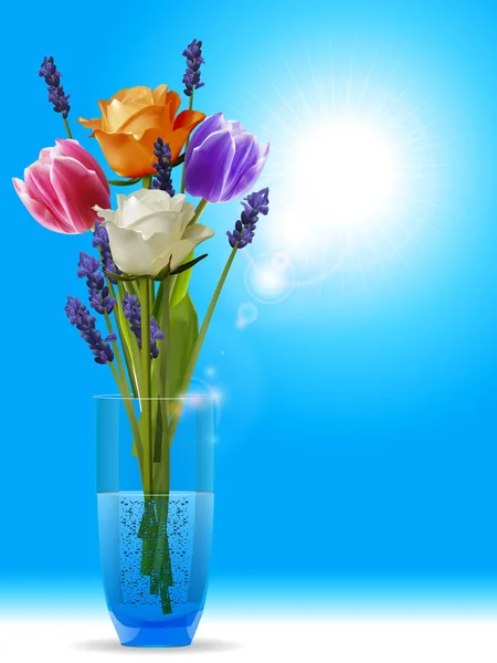 Roses tulipes et lavande dans un vase onv ciel ensoleillé — Image vectorielle