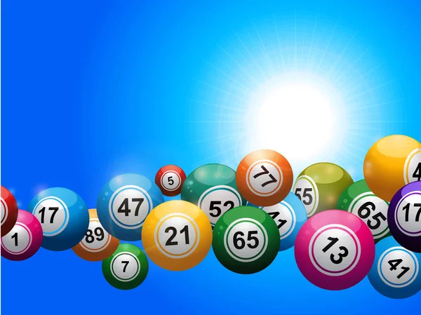 Bingo ballen zwevend over blauwe zonnige hemel — Stockvector