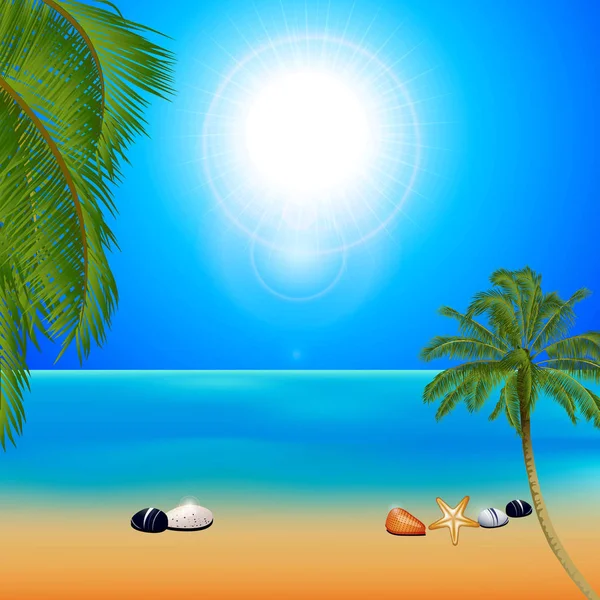 Tropiska solig strand med palmer — Stock vektor