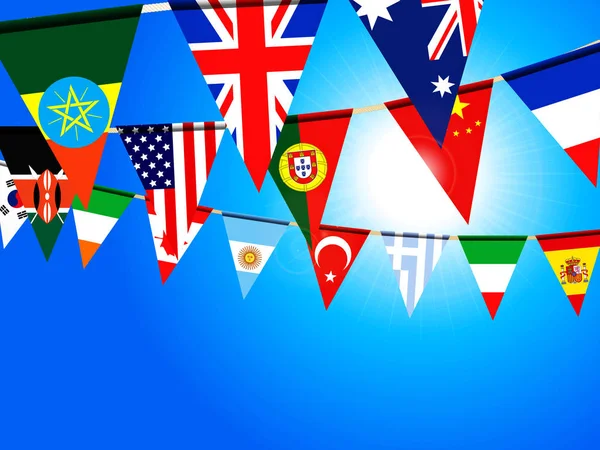 World bunting flags over sunny sky — Stock Vector