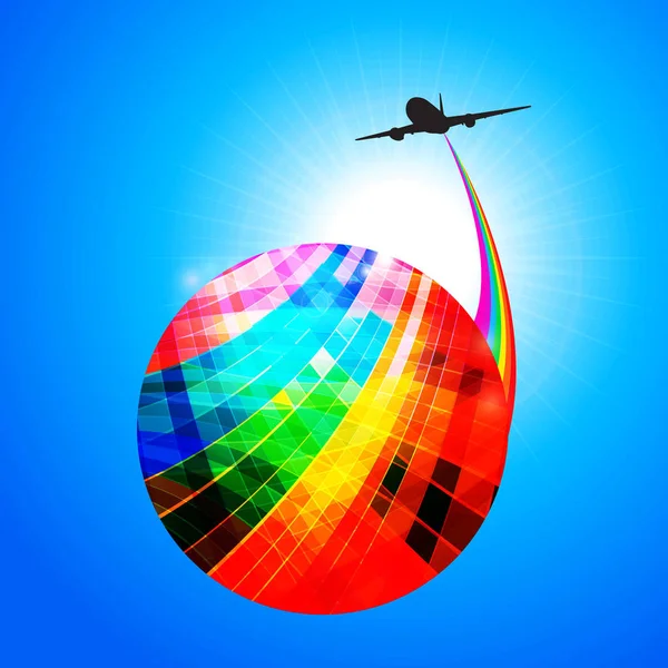 Bunte Weltkugel mit Flugzeug-Silhouette und Regenbogen — Stockvektor