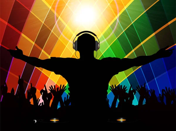 DJ and crowd silhouette on multicoloured background — Stock Vector