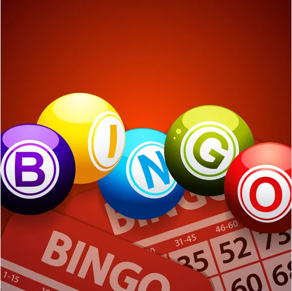 Bingo balls and cards on red background — Stock Vector