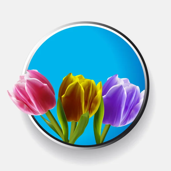Trío de tulipanes sobre borde metálico — Vector de stock