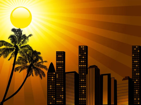 Тропічний міський захід сонця з пальмою — стоковий вектор