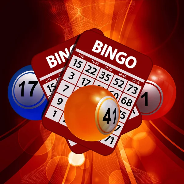 New 3D Bingo balls and cards on glowing background — Stock Vector
