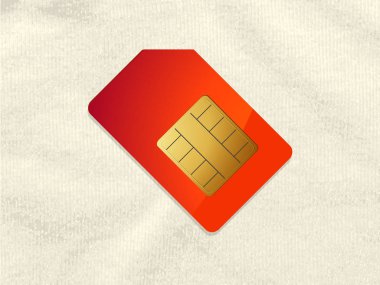 Telefon sim kartı buruşuk malzeme üzerinde kırmızı ve altın 