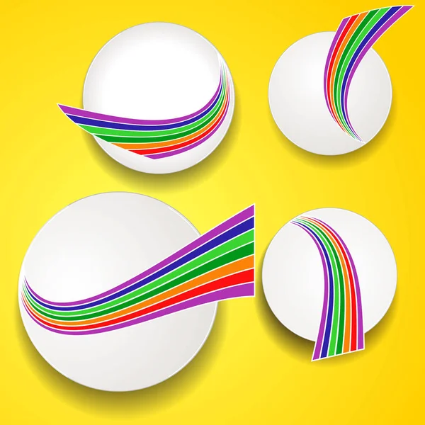 Cerchi bianchi con onde arcobaleno su sfondo giallo — Vettoriale Stock