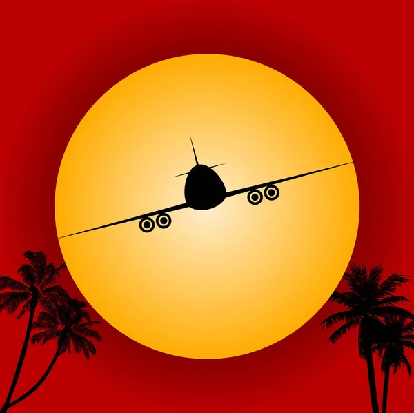 Vliegtuig silhouet over rode lucht en zon — Stockvector