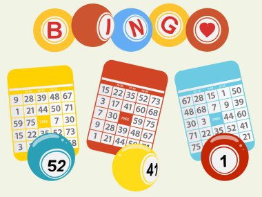 Üç bingo topları ve açık yeşil renkli kartları