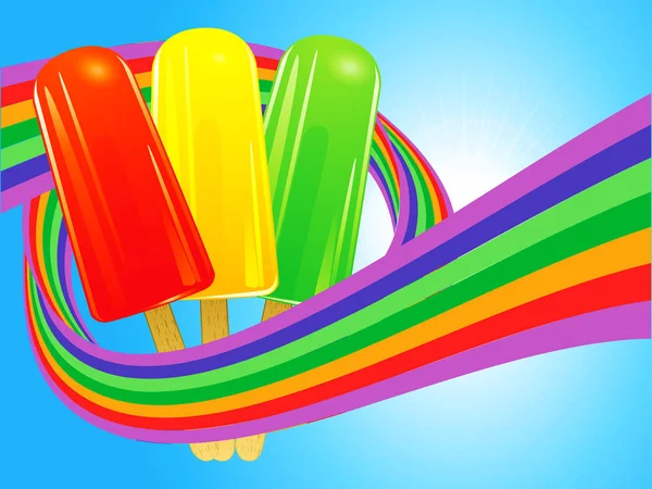 Ice lollies wrapped in a rainbow over blue sky — Stock Vector