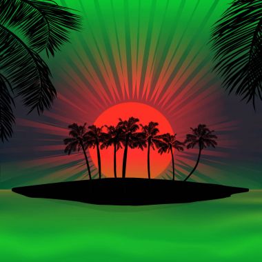 Tropik ada üzerinde kırmızı ve yeşil günbatımı