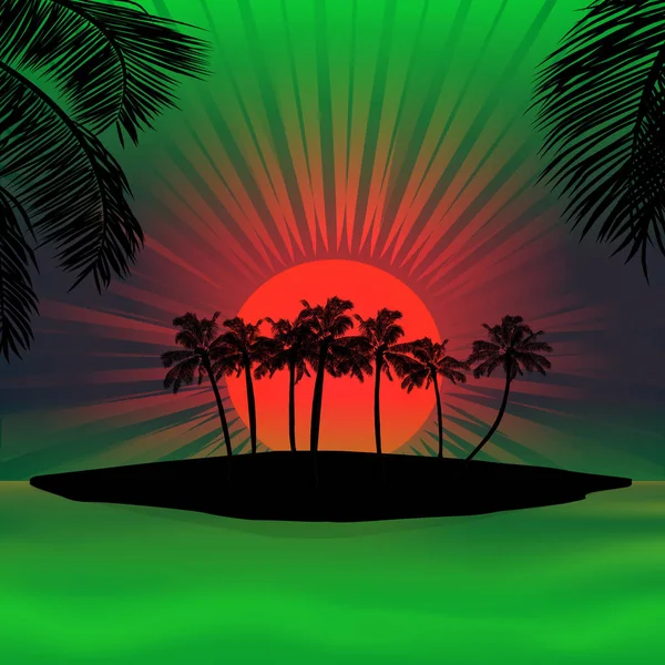 Red and green sunset over tropical island — Stock Vector