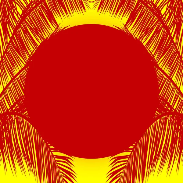 Red sun and palm tree silhouette over yellow background — Stock Vector