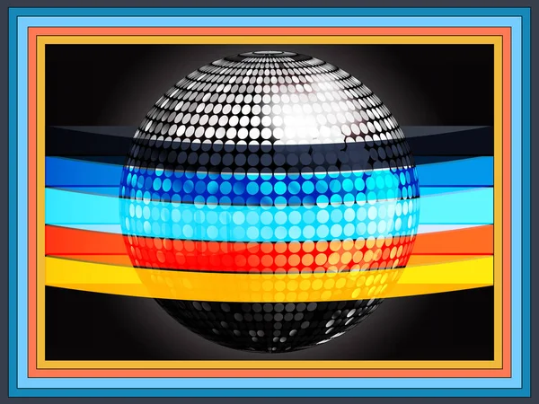 Silverd disco bal gehuld in gekleurde strepen op zwarte fra — Stockvector