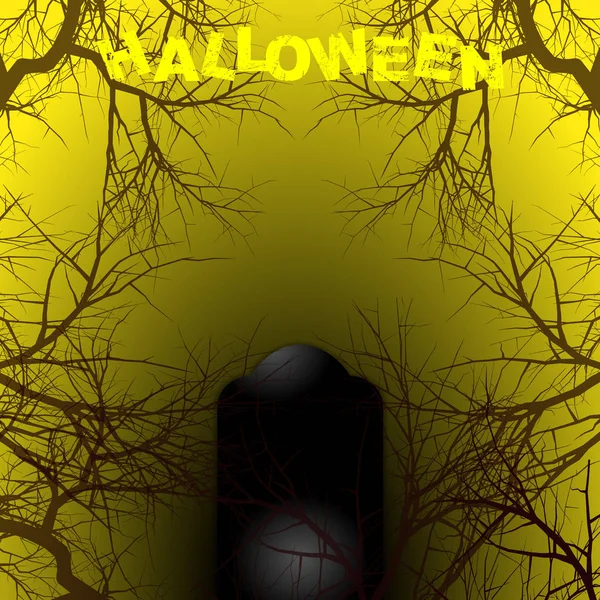 Fondo amarillo y negro de Halloween con texto y lápida — Vector de stock