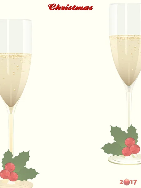 Fondo de espacio de copia de Navidad con champán y acebo — Archivo Imágenes Vectoriales
