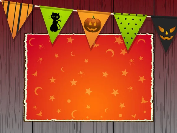 Halloween achtergrond met bunting en paneel op hout — Stockvector