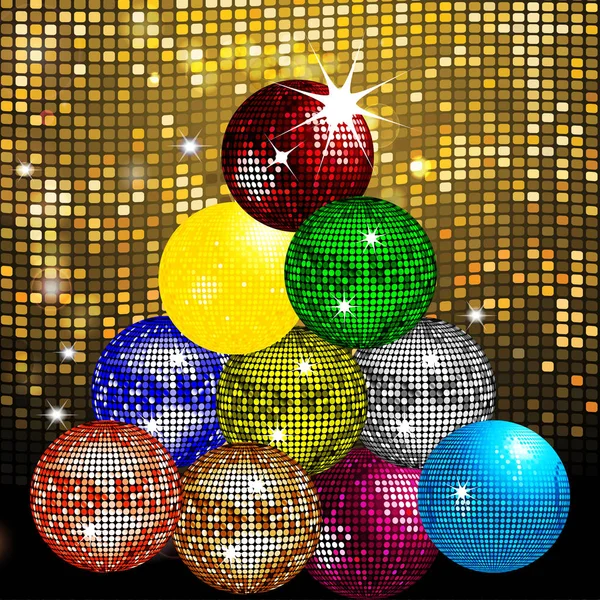 Disco balls Christmas tree on disco wall — Stock Vector