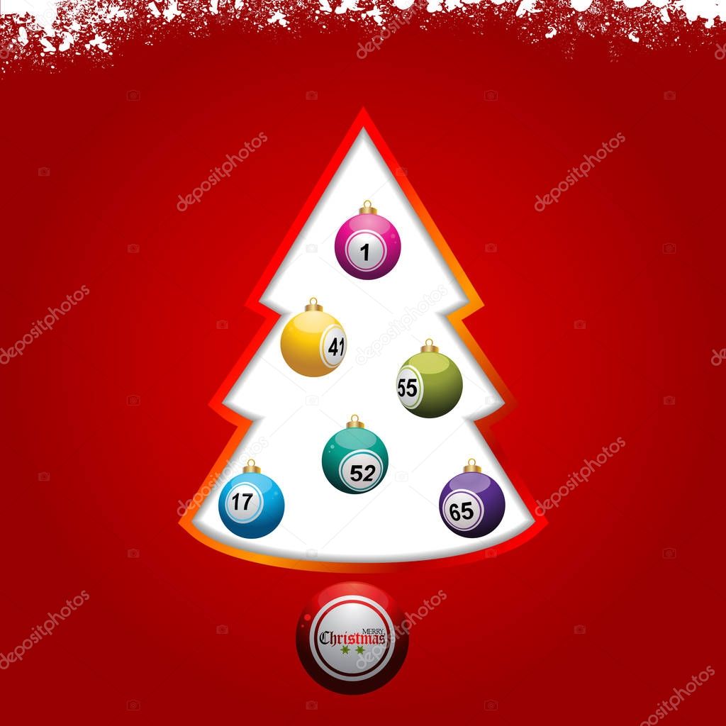 Christmas tree with bingo lottery balls on red background