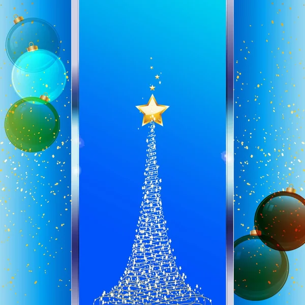 Christmas festive blue background with tree and baubles — Stock Vector