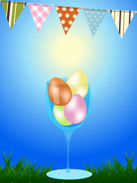 Velikonoční vajíčka sklo wn modré pozadí s prapory — Stockový vektor