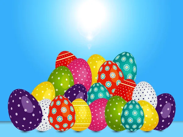 Loads of decorated Easter eggs over blue sunny sky — Stock Vector