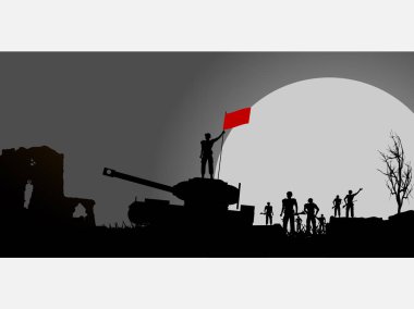 Askerler ve tank ve kırmızı bayrak siluet paneli