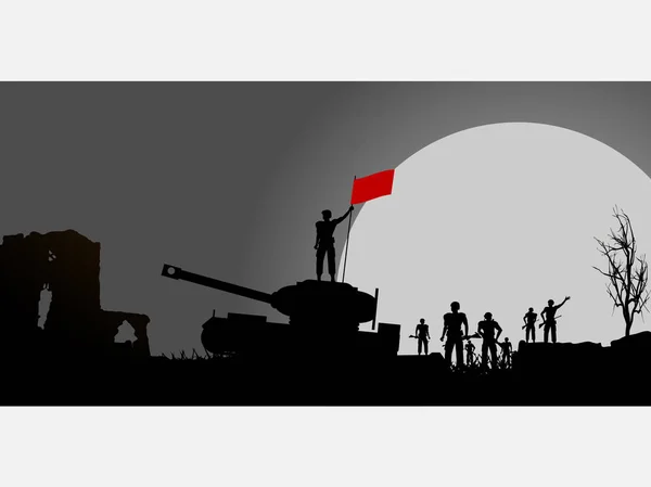 Soldaten und Panzer und rote Flagge Silhouette Paneel — Stockvektor