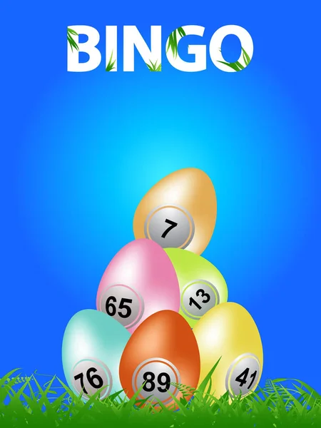 Pisanki Numerami Bingo Zielonym Trawie Niebieskim Tle Dekoracyjnym Tekstem Bingo — Wektor stockowy