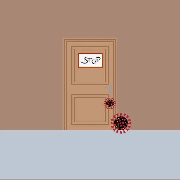 流行やウイルス分子が侵入しようとするのを避けるために標識を停止して木製のドアを閉じます背景 — ストックベクタ