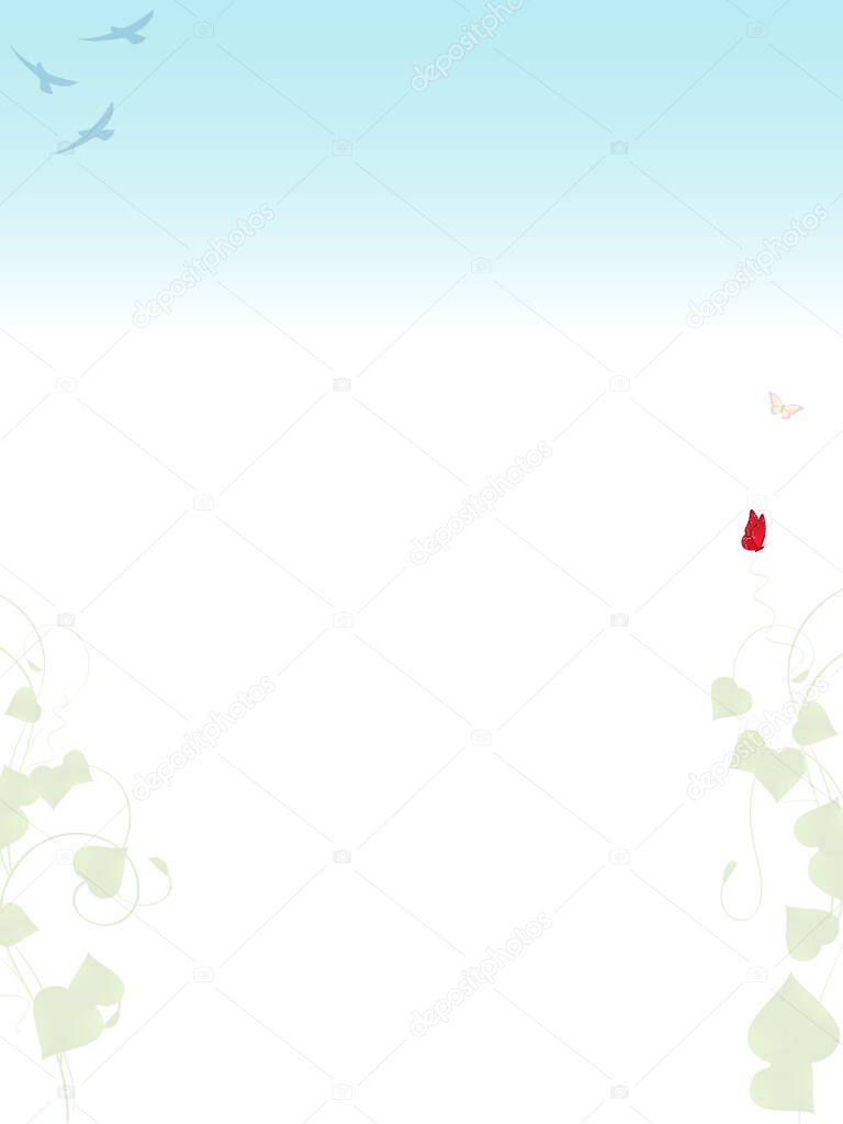 Blank Copy Space Paper Sheet With Spring Season Decoration Leafs Birds And Butterfly