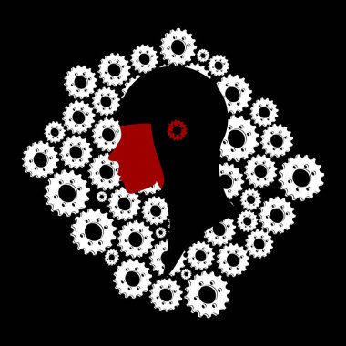 Siyah ve Kızıl Kafa Profil Silueti Siyah Arkaplanda Kırmızı Çarklı Beyaz Çarklar Silueti