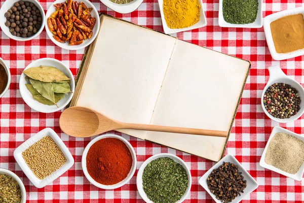 Blank cookbook and various spices. — Stock Photo, Image