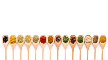 Various spices in wooden spoons. clipart