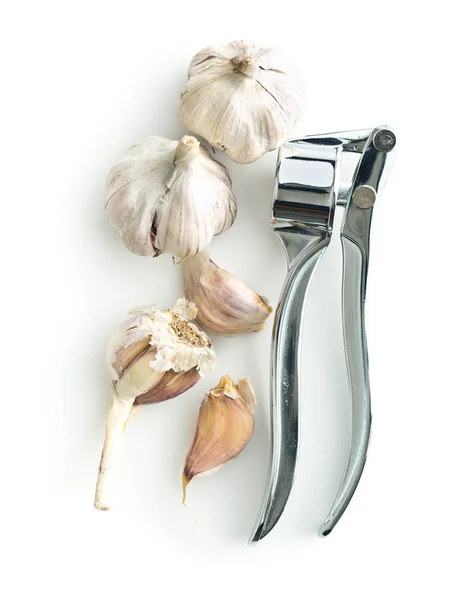 Garlic and garlic press. — Stok fotoğraf