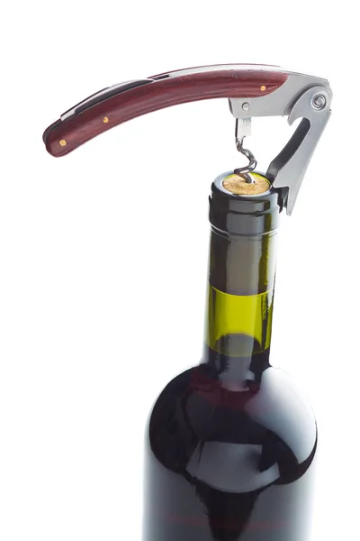 Bottle of wine with corkscrew. — Stock Photo, Image