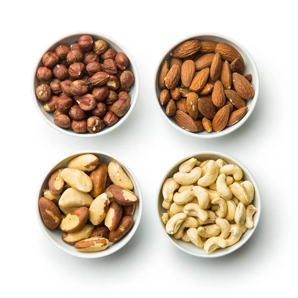 Hazelnuts, almonds, cashew and brazil nuts. — Stock Photo, Image