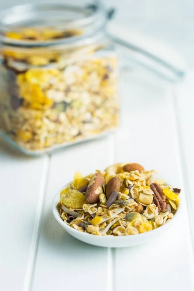 Tasty homemade muesli with nuts. — Stock Photo, Image