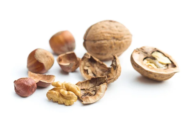 Cracked dried walnuts and hazelnuts. — Stock Photo, Image