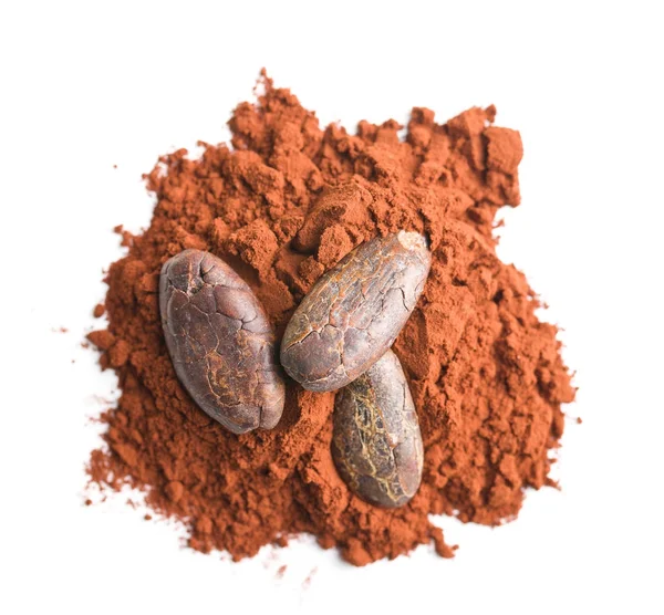 Sabroso cacao en polvo y frijoles . — Foto de Stock