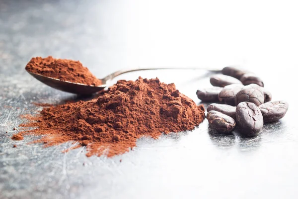 Leckeres Kakaopulver und Kakaobohnen. — Stockfoto