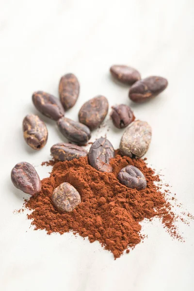 Polvo de cacao oscuro y frijoles . — Foto de Stock