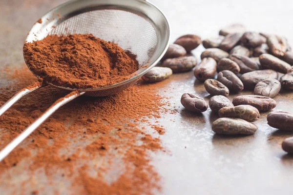 Donkere cacaopoeder in een zeef en cacaobonen. — Stockfoto